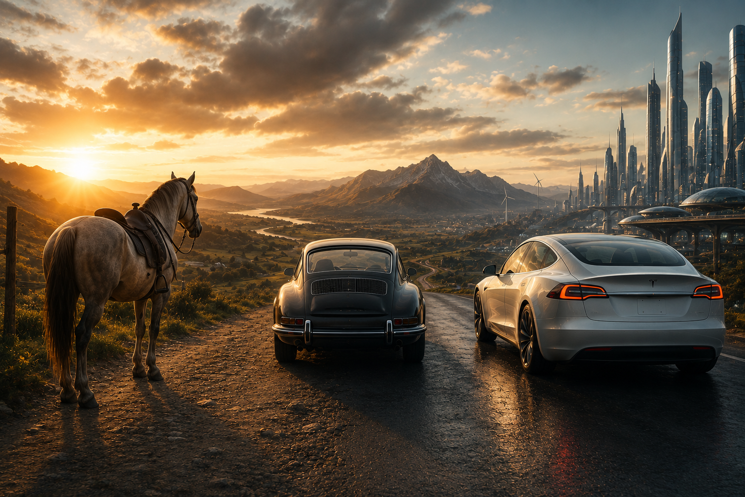 Progress of transportation from horses to cars to evs to flying taxis